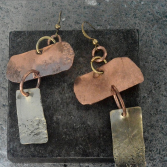 Brutalist Earrings Copper Brass Rustic Statement - Picture 4 of 8